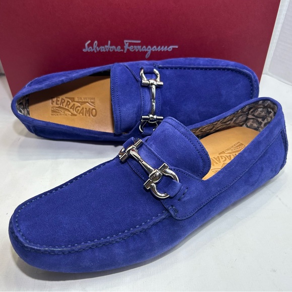 SALVATORE FERRAGAMO DRIVER LOAFER GANCINI ORNAMENT BLUE SUEDE SZ 9.5 E - NEW! - Picture 10 of 16